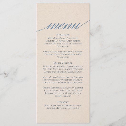 Modern Serif Wedding Menu in stoffig blauw (Voorkant)