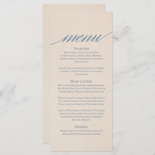 Modern Serif Wedding Menu in stoffig blauw (Voorkant / Achterkant)