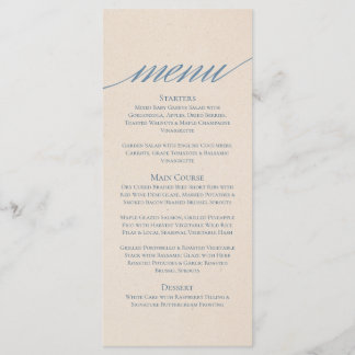 Modern Serif Wedding Menu in stoffig blauw
