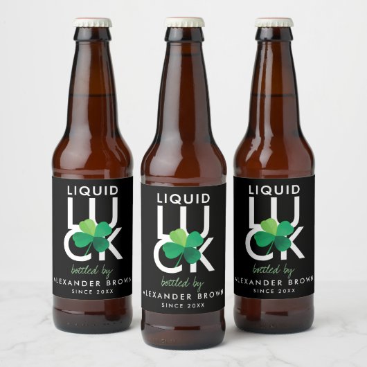 Modern Shamrock Liquid Luck Zwart Wit Groen Bier Etiket (Flessen)