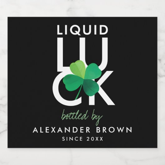 Modern Shamrock Liquid Luck Zwart Wit Groen Bier Etiket (Enkel label)