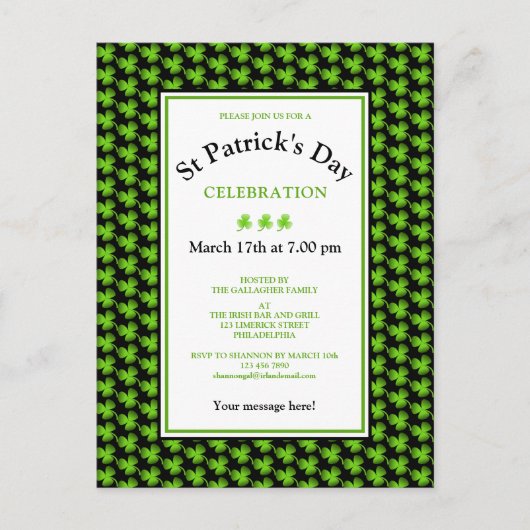 Modern Shamrock St Patrick's Day Party Invitation Uitnodiging Briefkaart (Voorkant)