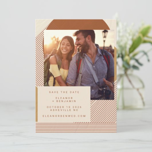 Modern Shapes Lines Terracotta Photo Wedding Save The Date (Staand voorkant)