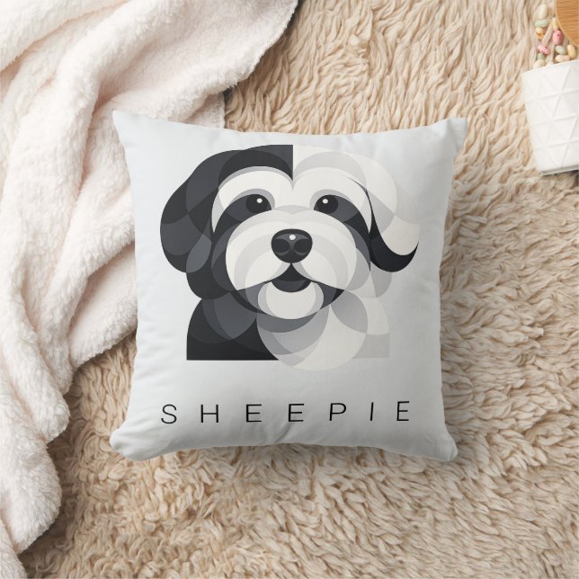 Modern Sheepadoodle Art - Geometric Black & White  Kussen (Deken)