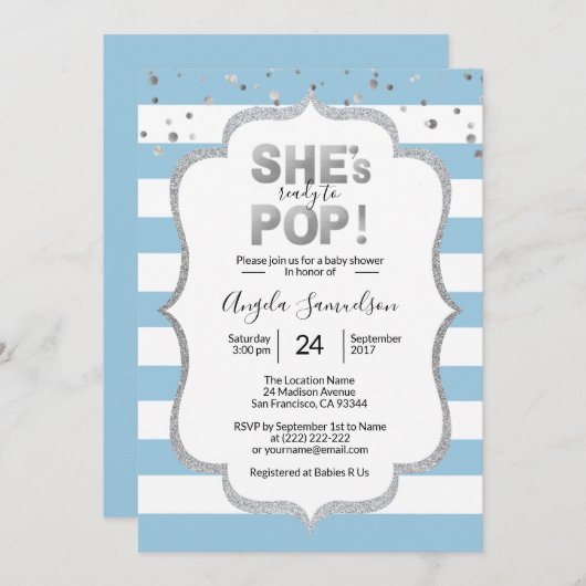 Modern She's Ready to POP Silver BOY Baby shower Kaart (Voorkant / Achterkant)