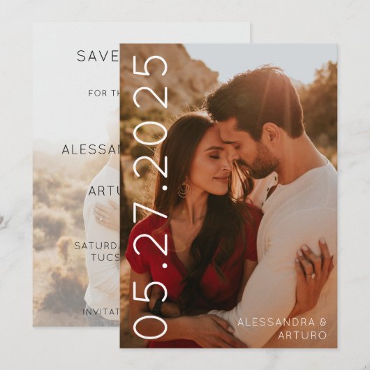 Modern Sideways Date Faux Vellum Back Foto Save The Date (Voorkant / Achterkant)