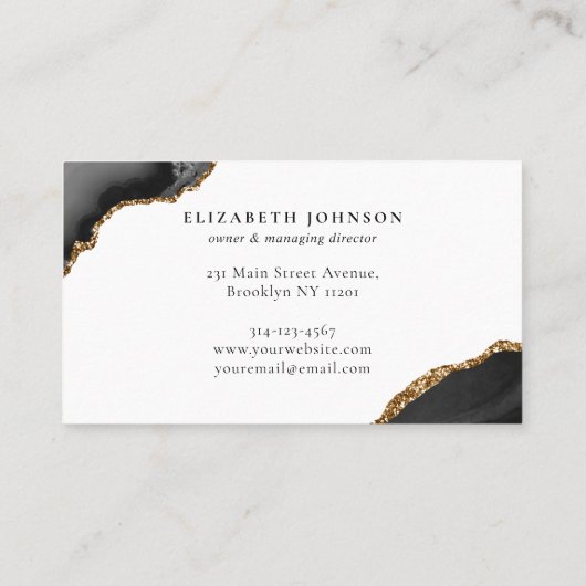 Modern Signature Black Gold Glitter Agate Marble B Visitekaartje (Achterkant)