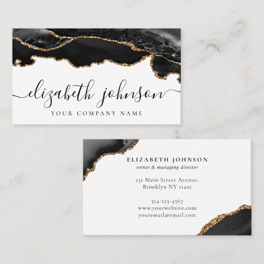 Modern Signature Black Gold Glitter Agate Marble B Visitekaartje (Voorkant / Achterkant)