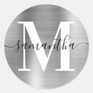 Modern Signature Monogram Silver Foil Ronde Sticker