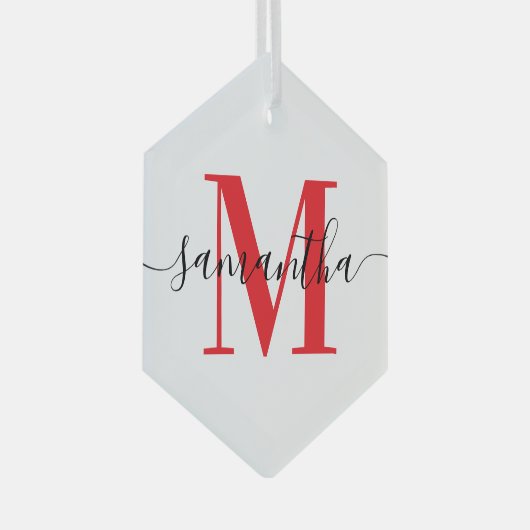 Modern Signature Red Monogram Glas Ornament (Voorkant Rechts)