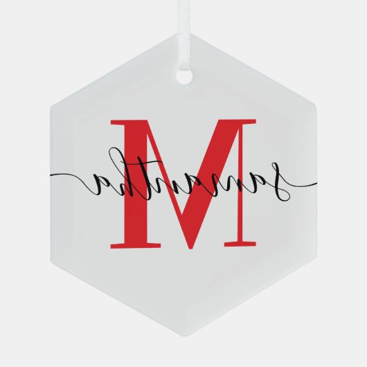 Modern Signature Red Monogram Glas Ornament (Achterkant)