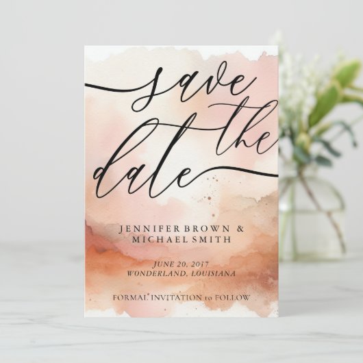 Modern Signature Roos Gouden Waterverf Bruiloft Save The Date (Staand voorkant)