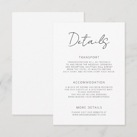 Modern Signature Script Minimale bruiloft details Informatiekaartje (Voorkant / Achterkant)