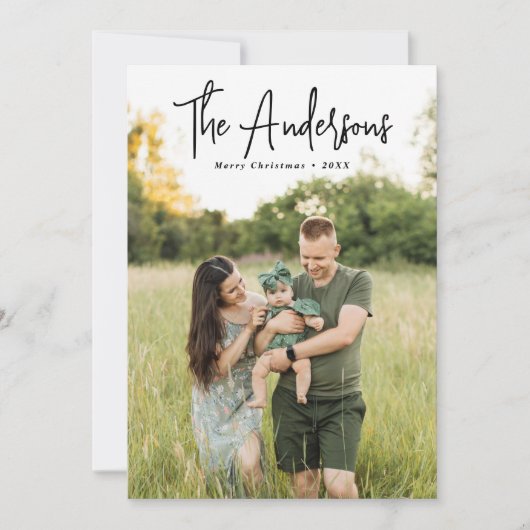 Modern Signature Script Red Plaid Foto Feestdagenkaart (Voorkant)