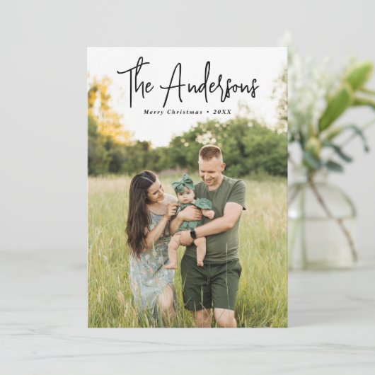 Modern Signature Script Red Plaid Foto Feestdagenkaart (Staand voorkant)