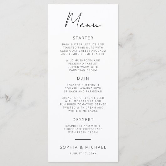 Modern Signature Script Zwart Wit Bruiloft Menu (Voorkant)