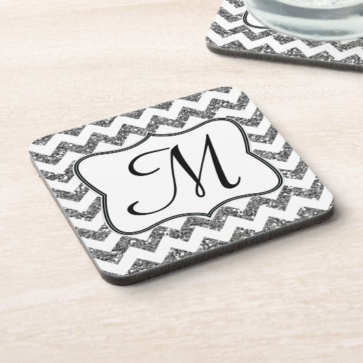 Modern Silv Glitter Chevron Monogram Drink Onderze Onderzetter (Linkerzijde)