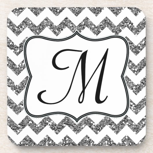 Modern Silv Glitter Chevron Monogram Drink Onderze Onderzetter (Voorkant)