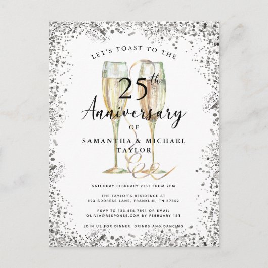 Modern Silver 25th Wedding Anniversary Uitnodiging Briefkaart (Voorkant)