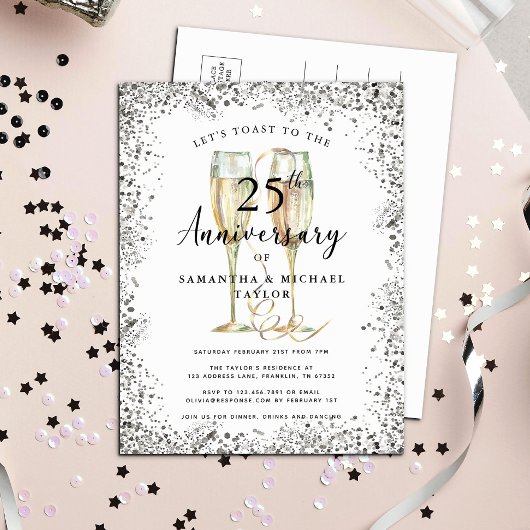 Modern Silver 25th Wedding Anniversary Uitnodiging Briefkaart