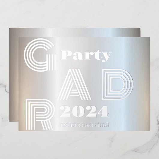 MODERN SILVER AFSTUDEERDER PARTY FOLIE UITNODIGING (Voorkant / Achterkant)