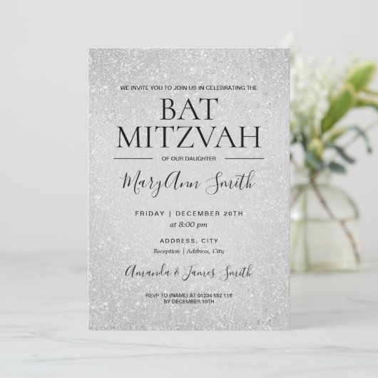 Modern Silver Bat Mitzvah Faux Glitter Paint Kaart (Staand voorkant)