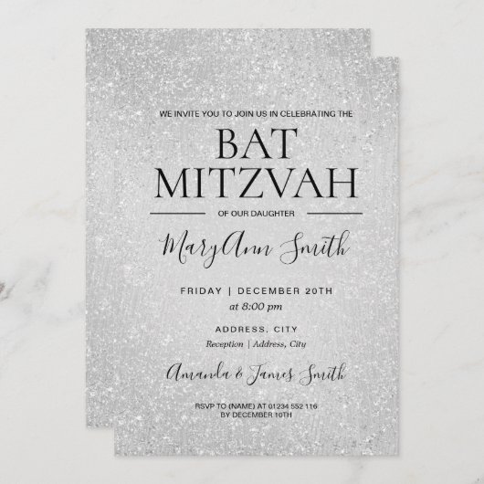 Modern Silver Bat Mitzvah Faux Glitter Paint Kaart (Voorkant / Achterkant)