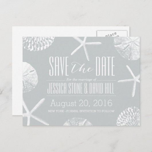 Modern Silver Beach Theme Seashells sparen de Datu Aankondigingskaart (Voorkant / Achterkant)