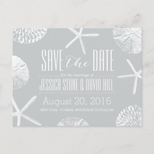 Modern Silver Beach Theme Seashells sparen de Datu Aankondigingskaart (Voorkant)