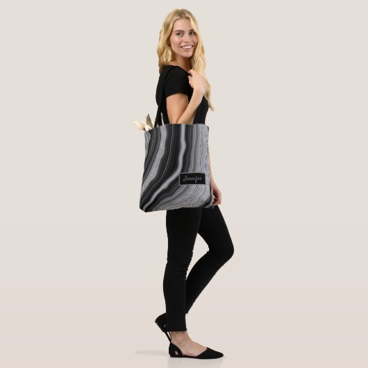 Modern Silver Black Agate Crystal Personaliseer na Tote Bag (Op model)