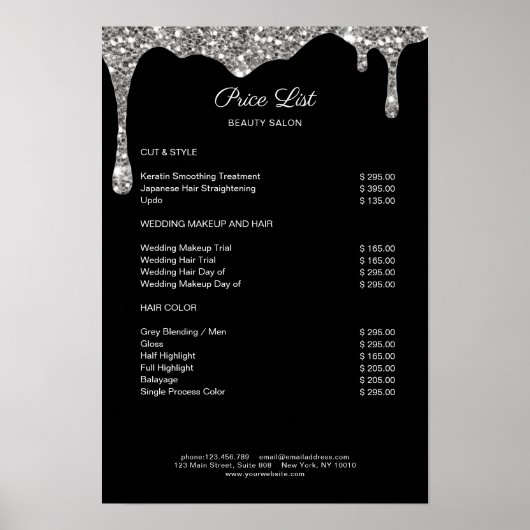 Modern Silver Black Glitter Preishear Poster (Voorkant)