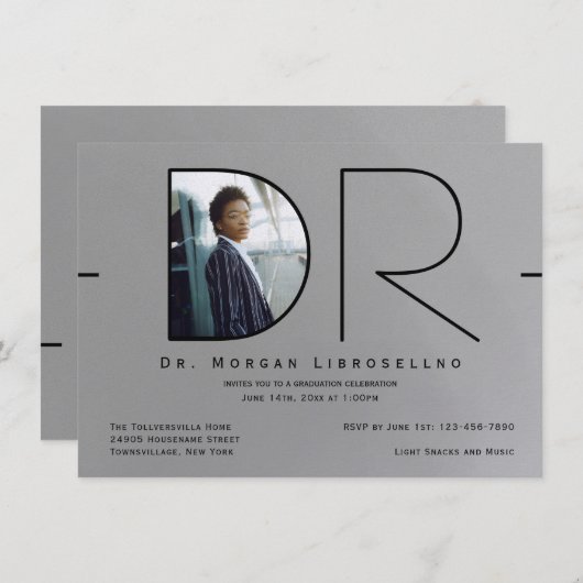 Modern Silver Black Photo DR-Afstuderen Kaart (Voorkant / Achterkant)