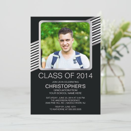 Modern Silver Black Photo Graduparty nodigt uit Kaart (Staand voorkant)