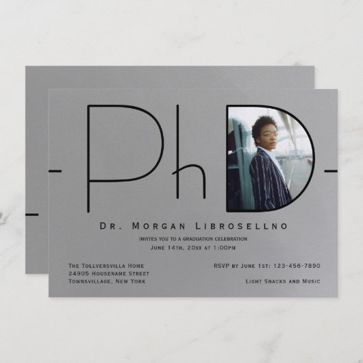 Modern Silver Black Photo PhD-Afstuderen Kaart (Voorkant / Achterkant)
