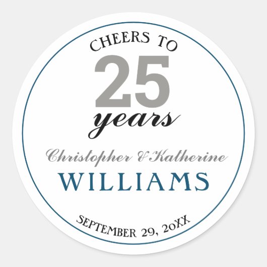 Modern Silver & Blue 25th Wedding Jubileum Ronde Sticker (Voorkant)