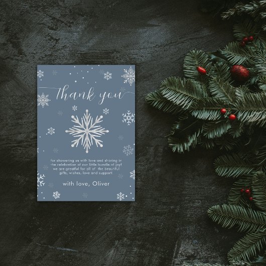 Modern Silver Blue Magical Snowflake Baby Shower  Bedankkaart