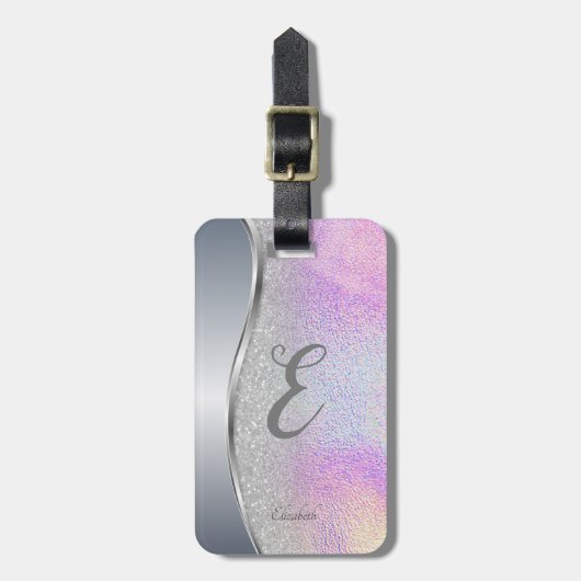 Modern Silver Bokeh, Holographic, Monogram Bagagelabel (Voorkant verticaal)