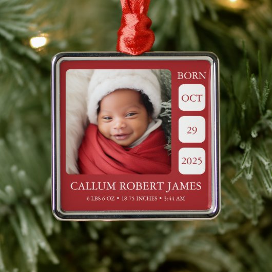 Modern Silver Border Red Baby Birth Stats Ornament (Boom)