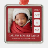 Modern Silver Border Red Baby Birth Stats Ornament (Voorkant)