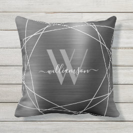 Modern Silver Brushed Metal Monogram Name Script Buitenkussen