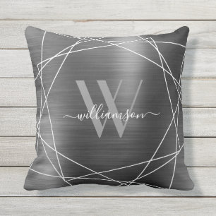 Modern Silver Brushed Metal Monogram Name Script Buitenkussen