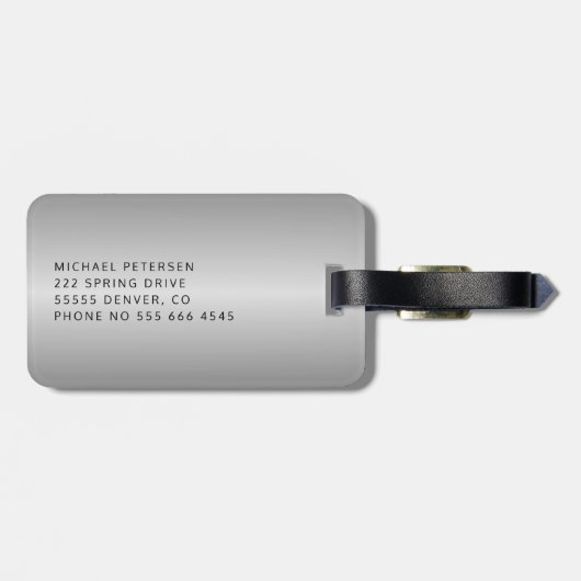 Modern silver brushed metal monogrammed bagagelabel (Achterkant horizontaal)