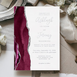 Modern Silver Burgundy Agate Wedding Folie Uitnodiging