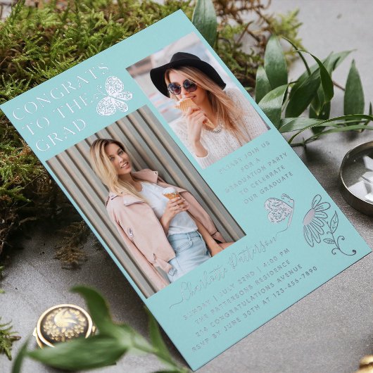 Modern Silver Butterfly Foto Graduparty Folie Uitnodiging