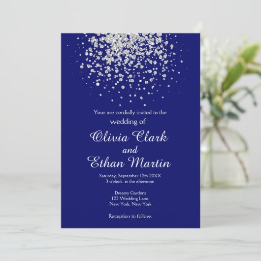 Modern Silver Confetti over Royal Blue Kaart (Staand voorkant)