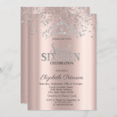 Modern Silver Crown Confetti Roos Gold Sweet 16 Kaart (Voorkant / Achterkant)