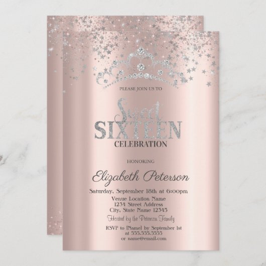 Modern Silver Crown Confetti Roos Gold Sweet 16 Kaart (Voorkant / Achterkant)