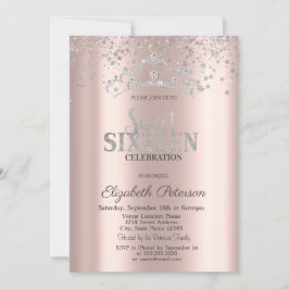 Modern Silver Crown Confetti Roos Gold Sweet 16 Kaart