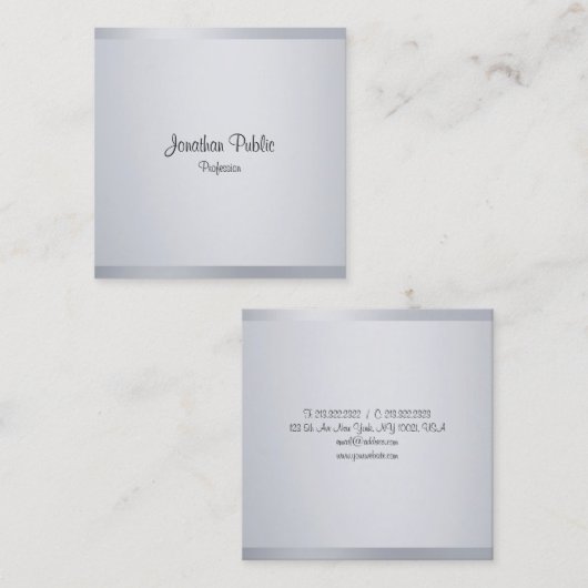 Modern Silver Elegant Calligraphed Script Sjabloon Vierkante Visitekaartje (Voorkant / Achterkant)