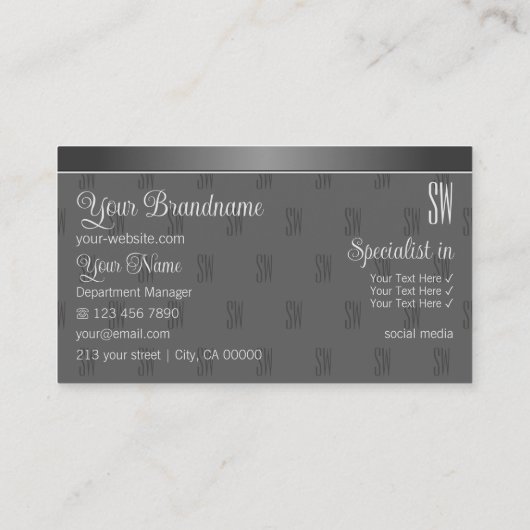 Modern Silver en Grijs met Initialen Professional Visitekaartje (Achterkant)